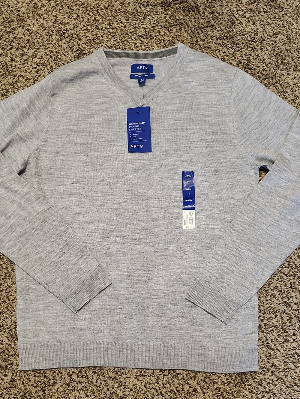 NWT Apt 9 Heather Grey Merino Sweater, Size M Medium Vneck